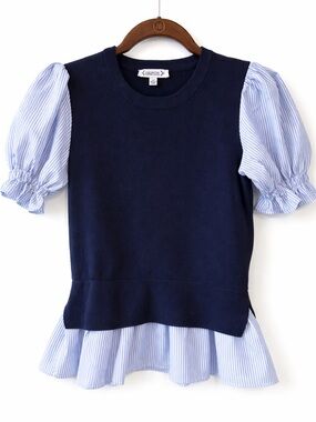 Nanette Lepore Navy Sweater Top with Light Blue Striped Puff Sleeves